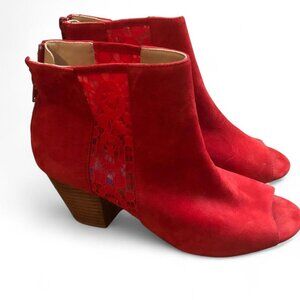 Anthropologie Red Suede bootie with lace and zipper detail